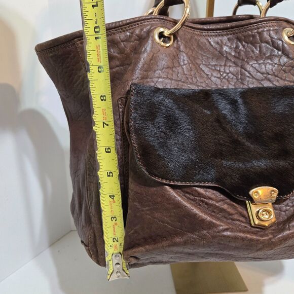 Aleanto Collezioni Italy Brown Leather Large 10x15 Boho Travel Tote Fur Flap - Picture 7 of 10